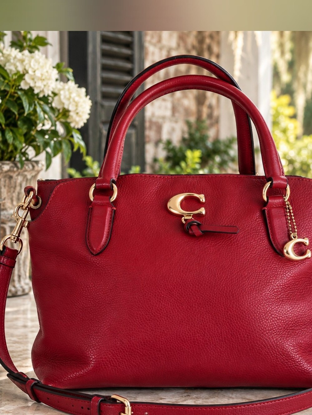 Coach 19117 Red Pebbled Leather Satchel Crossbody Bag Gold C Charm - Picture 2 of 16
